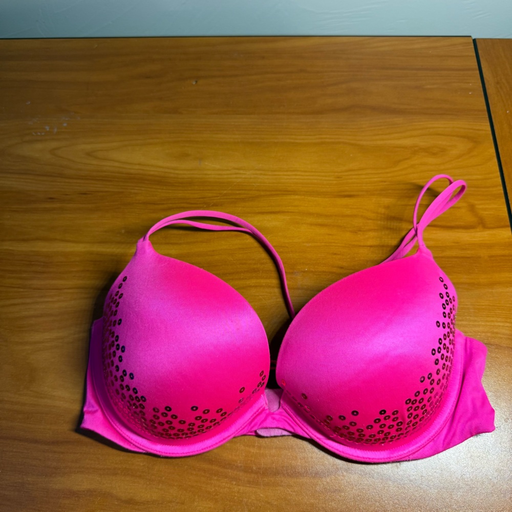 Victoria's Secret Very Sexy Pushup Bra Hot Neon Pink‎ Sequin Detail 34D